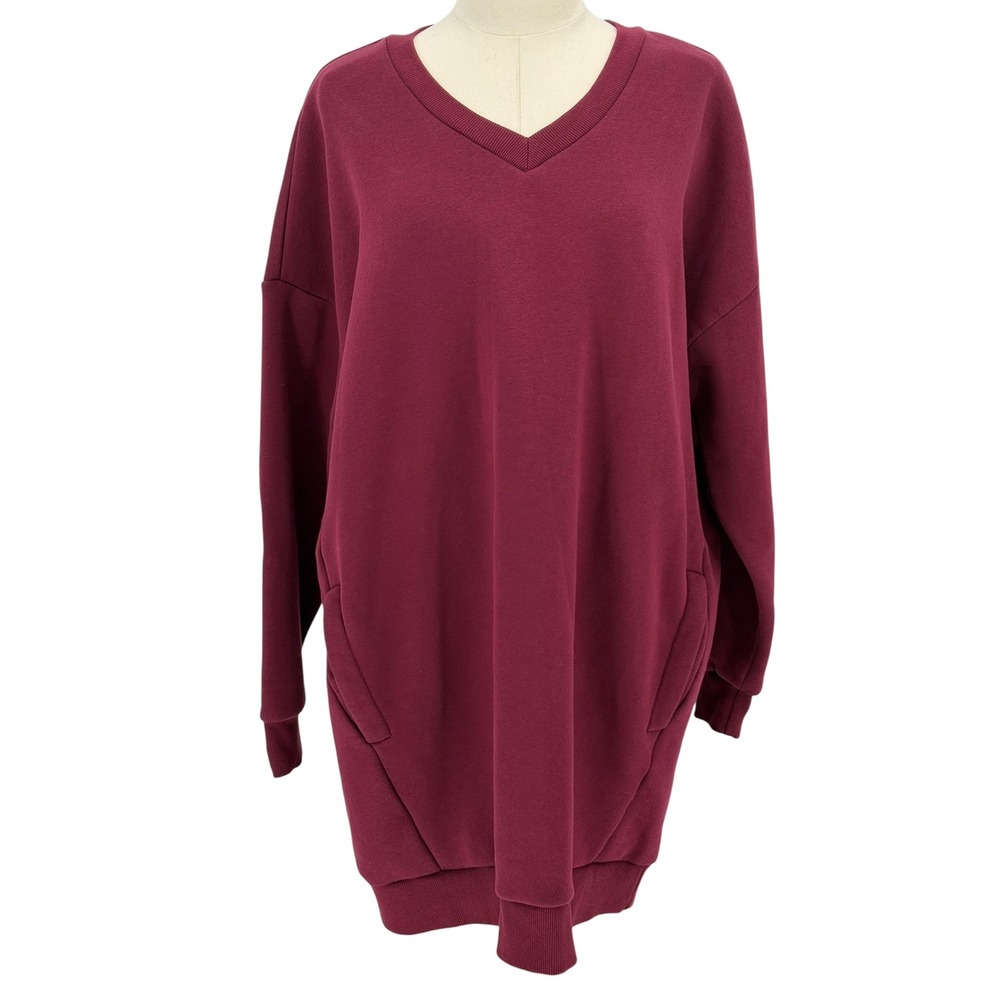 Design by Olivia Sweatshirt Dress Burgundy V-Neck Fleece Pockets L/XL